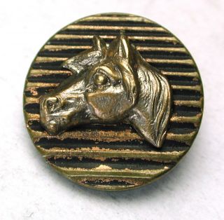 Antique Brass Equestrian Button Horse Head On Striped Design - Paris Back photo