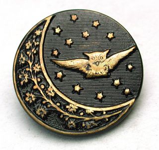 Antique Brass Button Owl Flying At Night W/ Stars & Crescent Moon - Med Sz photo