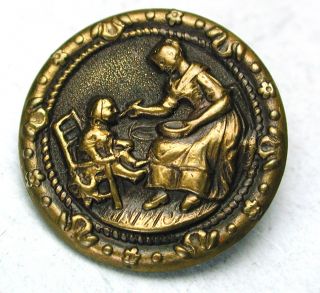 Antique Stamped Brass Button Mother Feeding Young Girl In Chair photo