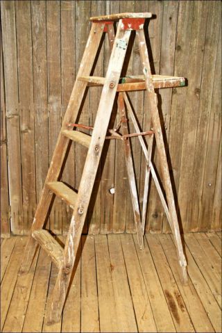 Vtg Wood Ladder Shelf 4 Step Barn Farm Primitive Shabby Quilt Rustic Rack Chic 3 photo