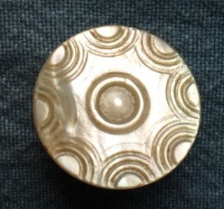 Remarkable Old Antique 18th C Colonial Carved Mop Shell Button W/ Metal Shank photo