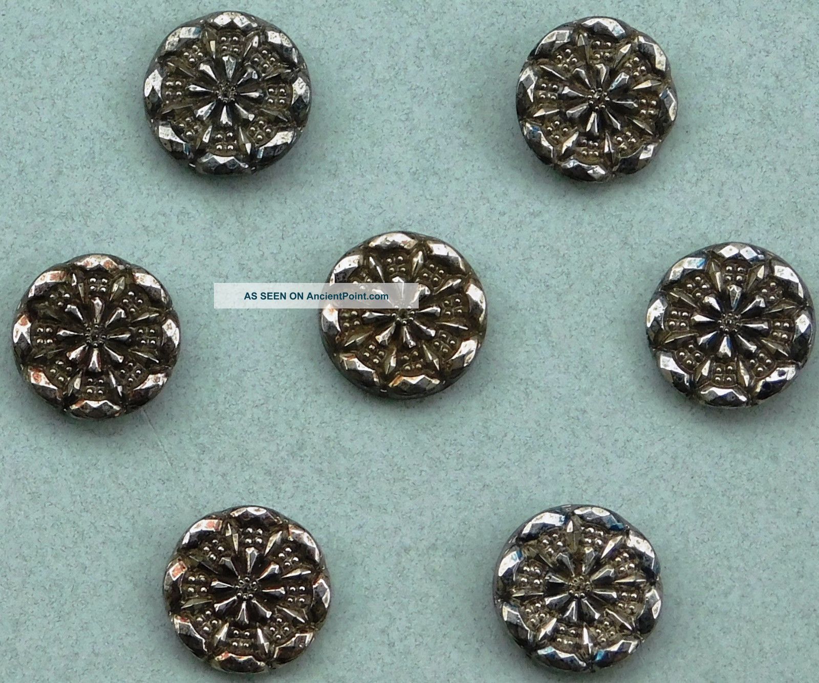 7 Antique Victorian Lacy Silver Luster Glass Buttons Buttons photo