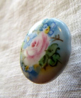 Antique Hand Painted Porcelain Button Roses Flower Pink Blue Floral Stunning photo