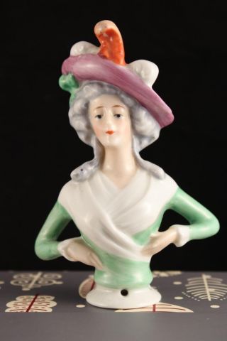 Rare Porcelain German Half Doll Bavarian Girl Large Hat W/ Plumes Victorian Hair photo