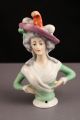 Rare Porcelain German Half Doll Bavarian Girl Large Hat W/ Plumes Victorian Hair Pin Cushions photo 4