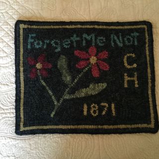 Forget Me Not Primitive Handmade Hooked Rug Folk Art Sampler photo