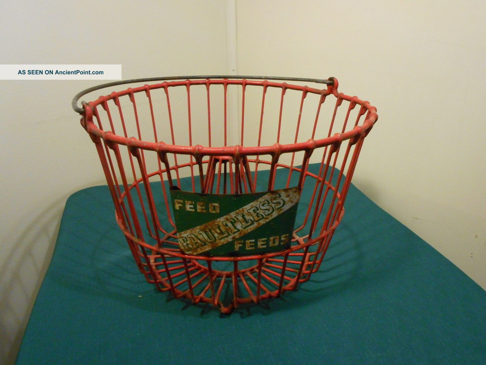 Rare Faultless Feeds Red Rubber Coated Wire Egg Gathering Basket/ Cone Center Primitives photo