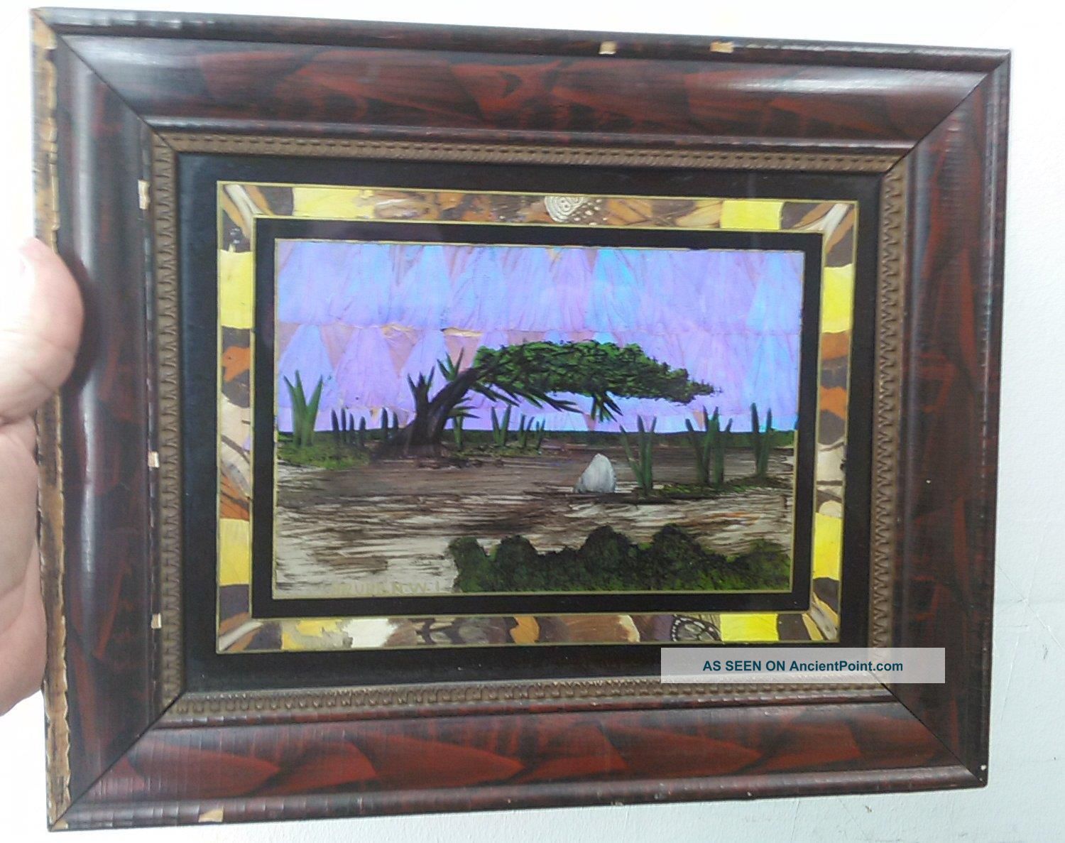 Antique Old Art Deco Era Butterfly Wing Art Picture Aruba Painting Landscape Art Deco photo