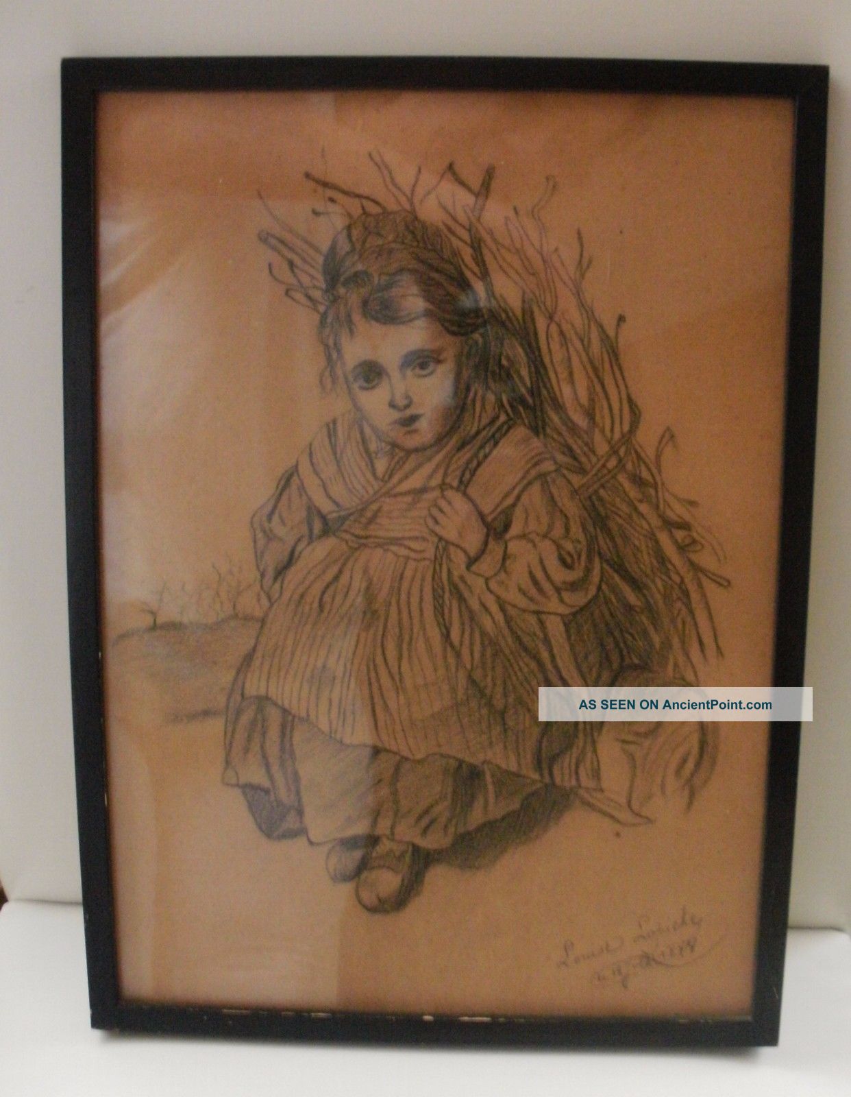 Rare 19th C French Little Girl Pencil Drawing - Signed / Dated L.  Labiche 1877 Victorian photo