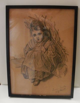 Rare 19th C French Little Girl Pencil Drawing - Signed / Dated L.  Labiche 1877 photo