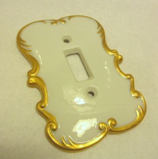 Vintage White Porcelain Switch Plate Cover Gold Trim Single Toggle photo