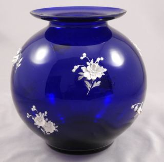 Vintage Cobalt Glass Vase With Applied Porcelain Flowers photo