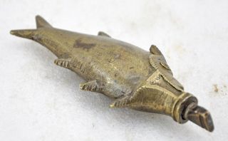 1850s Indian Antique Hand Crafted Engraved Brass Fish Shaped Perfume Bottle photo
