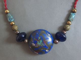 Vintage Chinese Cloisonné Dragon Peking Glass Turquoise Bead Necklace 25” photo