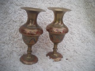 A Antique Brass Enamelled Vases Made In British India 12cm photo