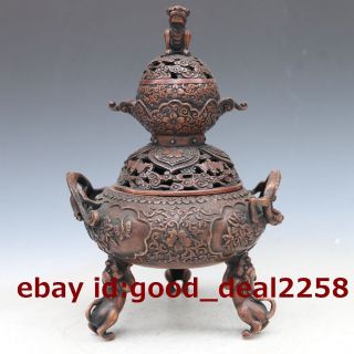 Chinese Red Bronze Handwork Incense Burner & Hollow Out Lid W Qing Dynasty photo