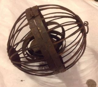Nautical Antique 19th C Gimbal Whalers Ship Lantern Wrought Iron Cage Oil Lamp photo