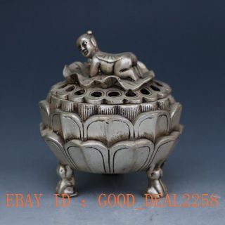 Chinese Silver Copper Handwork Carved Lotus Incense Burner &boy & Lotus Lid photo