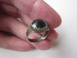 Extremely Rare Ancient Roman Silver Engraved Ring With A Green Stone photo