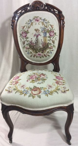 Antique Victorian Oval Balloon Back Needlepoint Carved Wooden Chair photo