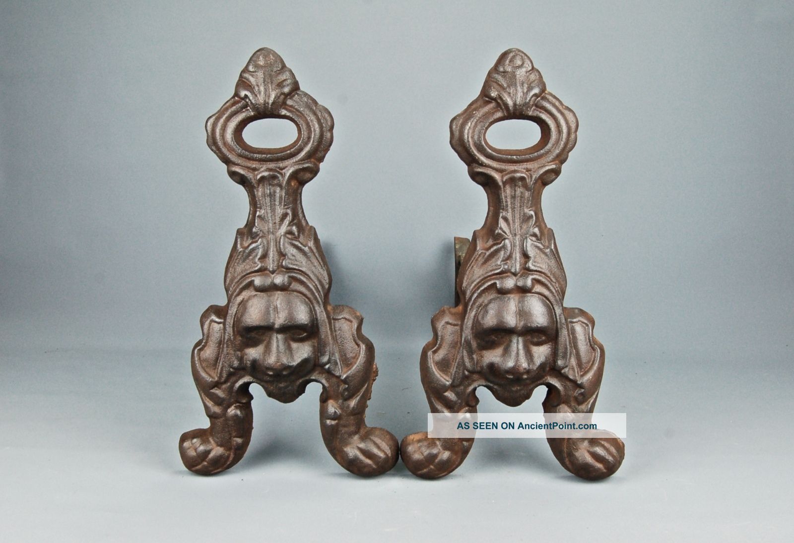 Antique Cast Iron Fireplace Keyhole Andirons Lion? Dog Face Saint Bernard? 1900s Fireplaces & Mantels photo