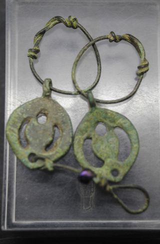 Medieval Decorated Bronze Earrings 12th - 13th Century Ad photo