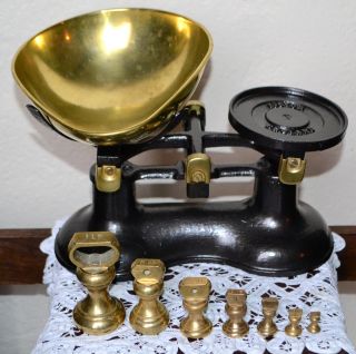 Vintage English Victor Black Balance Kitchen Scales & 7 Brass Bell Weights photo
