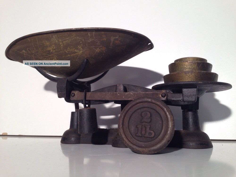 Antique Balance Scale Vintage Primitive Cast Iron Brass Weights General Store