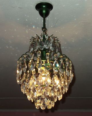 Ceiling Light Brass French Antique Vintage Green Waterfall Crystal Chandelier photo