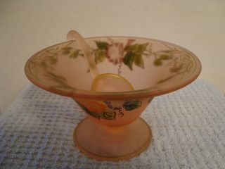 325 Pink Satin Depression Glass Mayonnaise Bowl With Matching Glass Scoop. photo