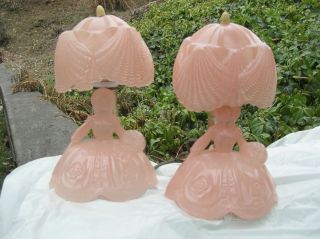 2 Vintage Antique 1930 ' S Art Deco Pink Opaque Houze Glass Table Lamps Rare Pair photo