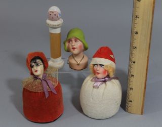 Antique Composition Wood Doll Head Sewing Pin Cushion Needle Holder Tape Measure photo