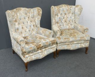 Vintage Pair Tufted Velvet Floral Arm Chairs French Provincial Style photo