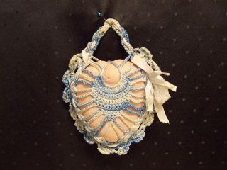 Antique Heart Shaped Pink Sachet Cushion Blue Knit Holder Ribbon Trim 4.  5 X 5 photo