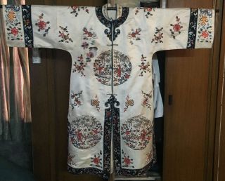 Antique 19thc Chinese Robe Silk Butterfly Embroidery Forbidden Stitch photo