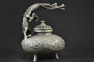 China Miao Silver Carving Auspicious Dragon Open Its Claws Incense Burner photo