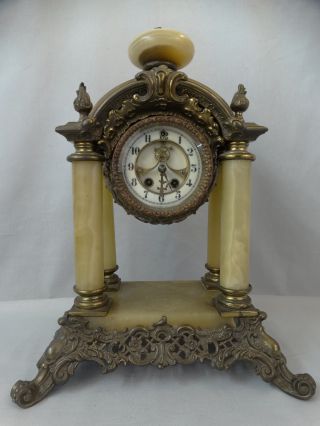 Antique Victorian Bronzed Spelter & Onyx Old Pillar Style Mantel Gilbert Clock photo