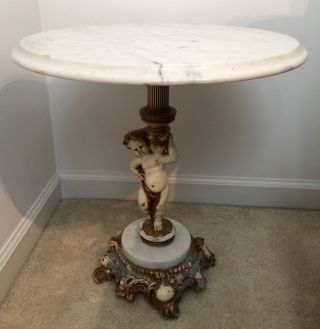 Antique French Marble Top Cherub Iron Base Side Table - Vintage Round Pedestal photo