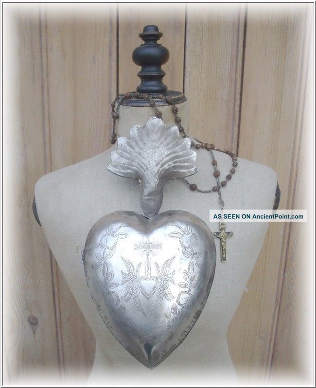 Large Rare Old French Heart Ex Voto Virgin Mary Metal Silver Engraved 1890th Other Antiquities photo
