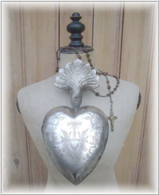Large Rare Old French Heart Ex Voto Virgin Mary Metal Silver Engraved 1890th photo