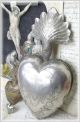 Large Rare Old French Heart Ex Voto Virgin Mary Metal Silver Engraved 1890th Other Antiquities photo 1