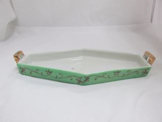 Vintage Japanese Hand Painted Green & White Tray With Double Gold Tone Handles photo