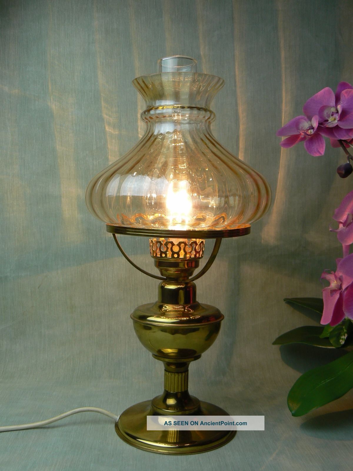 Rare Vintage Brass Table Lamp Oil Lamp Style With Glass Shade 20th Century photo