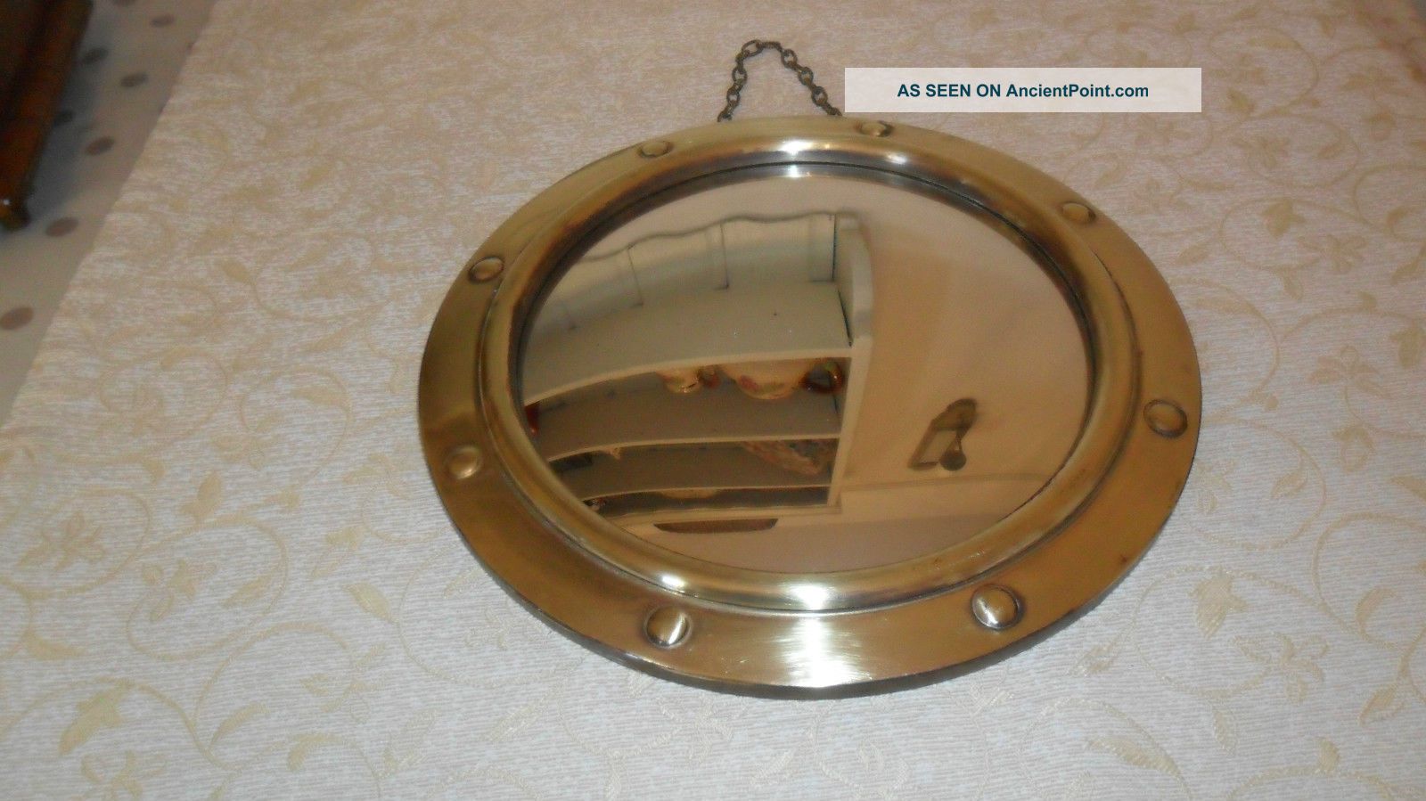 Vintage Small Brass Ships Convex Mirror With Hanging Chain 20th Century photo