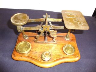 Antique Brass/wood Postal Scale For Letters W/weights,  Late 1800 ' S,  Early 1900 ' S photo
