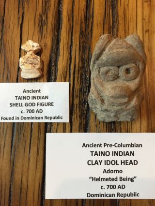 Dug Ancient Taino Indian Clay Idol Head & Shell Figure Pendant 700 Ad photo