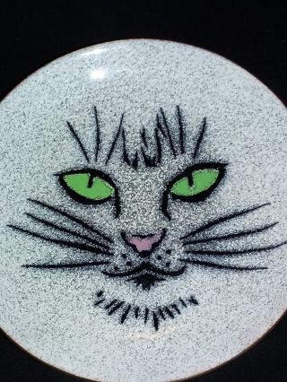 Mid Century Enamel Copper Green Eye Cat Plate Annemarie Davidson Persian Siamese photo