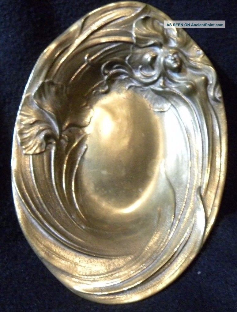 Art Nouveau Brass/bronze Lady Flowers Tray Or Card Receiver Tray Trinket Art Nouveau photo