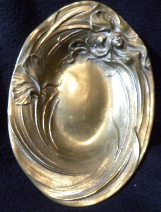 Art Nouveau Brass/bronze Lady Flowers Tray Or Card Receiver Tray Trinket photo