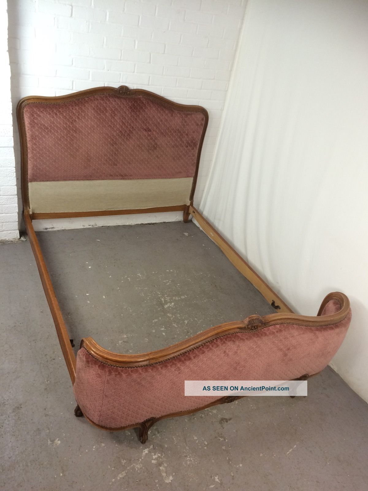 Vintage French Carved Wooden Pink Upholstered Double Bed In 1900-1950 photo